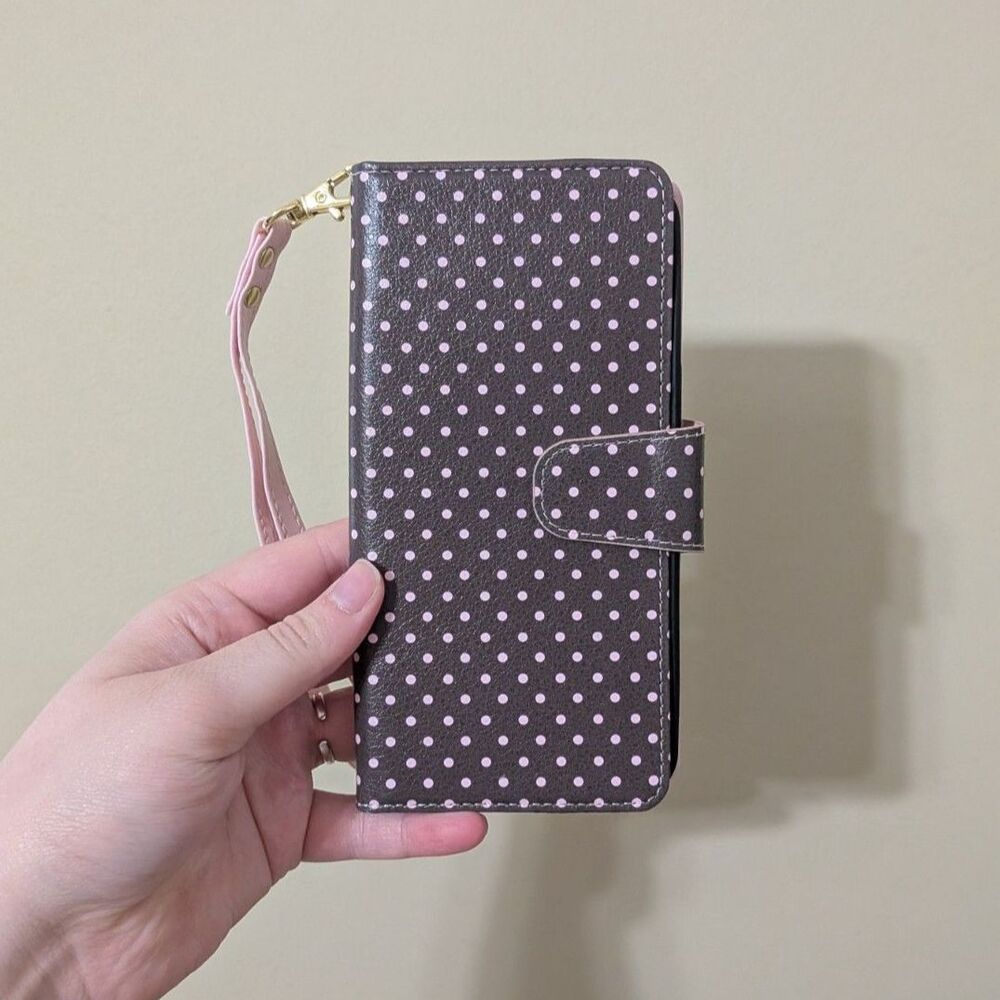 Polka Dot Wallet Phone Case Wristlet Card Holder Book Style Retro Shabby Chic